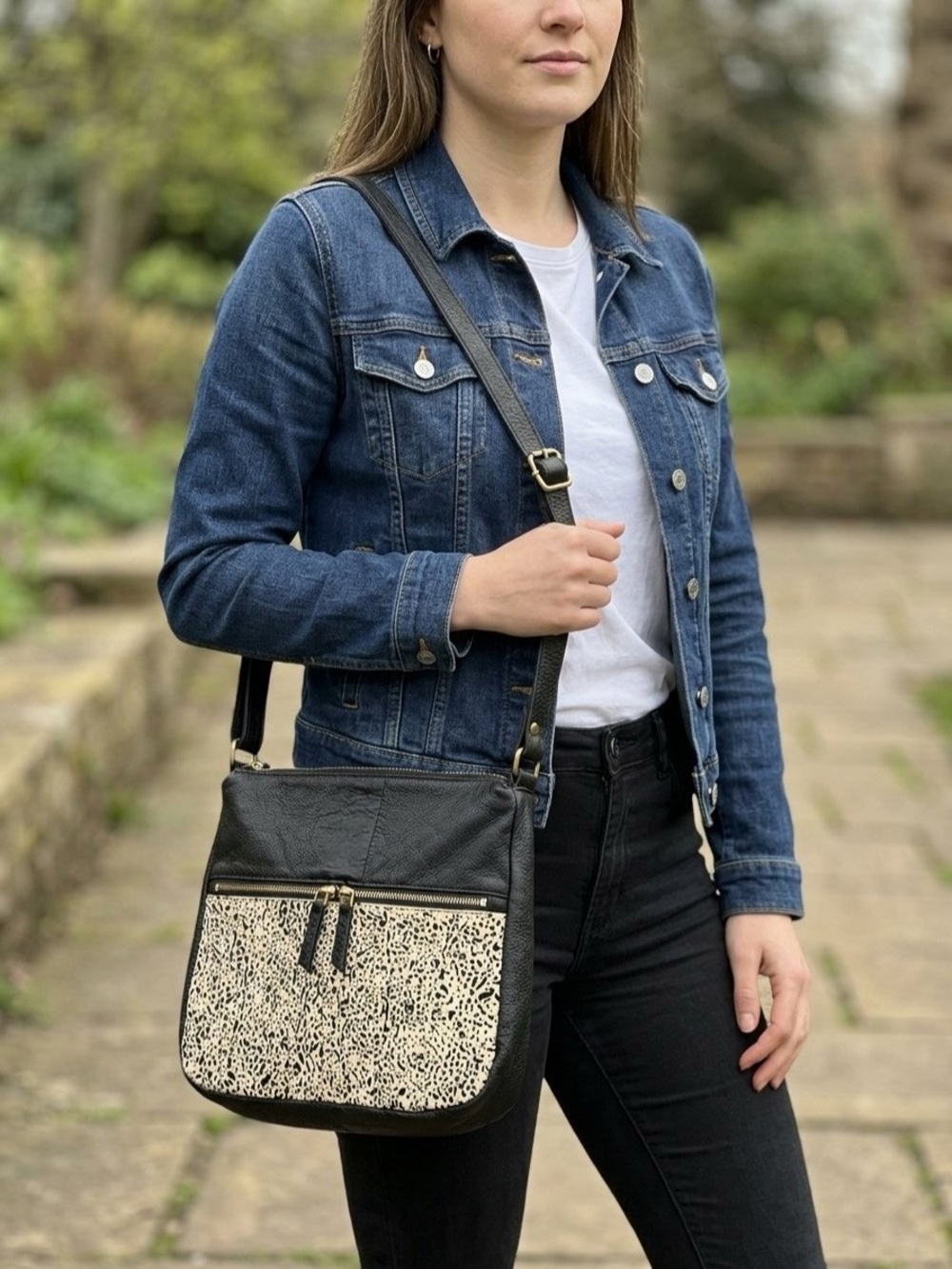 Fossil Erin Snow Leopard Black Leather & Calf Hair Slim Crossbody Bag